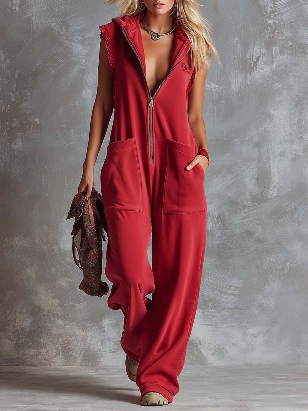 Retro Fashiona Sporty Hooded V-neck Front Zipper Raspberry Red Cotton Jumpsuit S